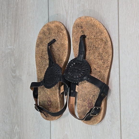 Ugg Women Ayden II Ankle Leather Wood Sandals T strap Sandals shoes sz 7 - Picture 3 of 11